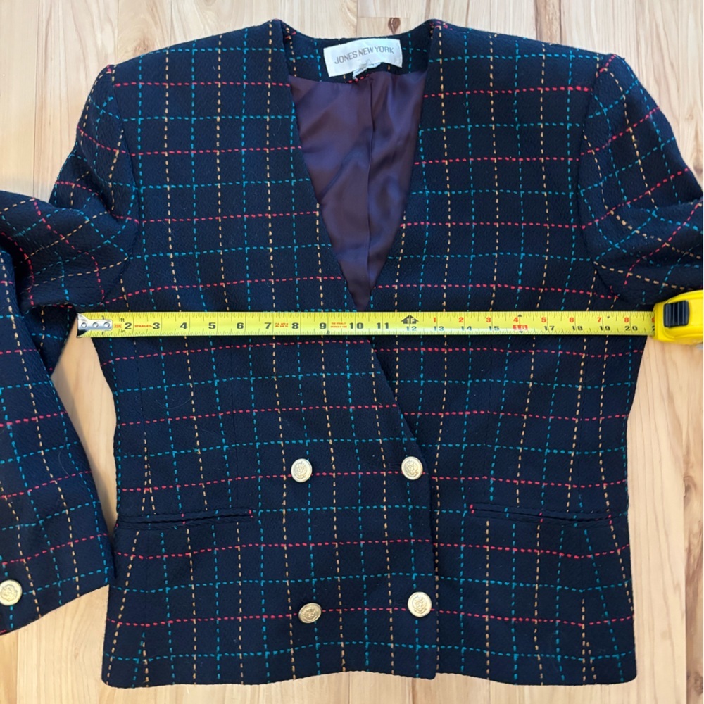 VTG Jones New York Navy Plaid Double Breasted Blazer 12 Cropped Preppy Y2K 90s - Picture 10 of 11